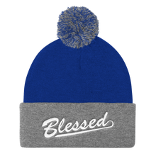 Blessed - Christian Faith Embroidered Pom Pom Knit Cap in Blue and Grey from forzatees.com