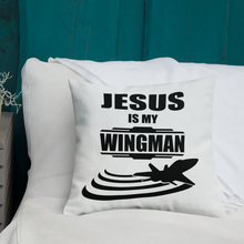 Jesus is my Wingman - Christian Faith Premium Pillow 18x18 resting on bed from forzatees.com